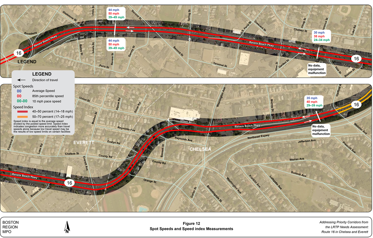 Figure 12
Spot Speeds and Speed Index Measurements
Figure 12 is a map of the study area showing observed spot speeds and speed index measurements on Route 16 in Chelsea and Everett.
